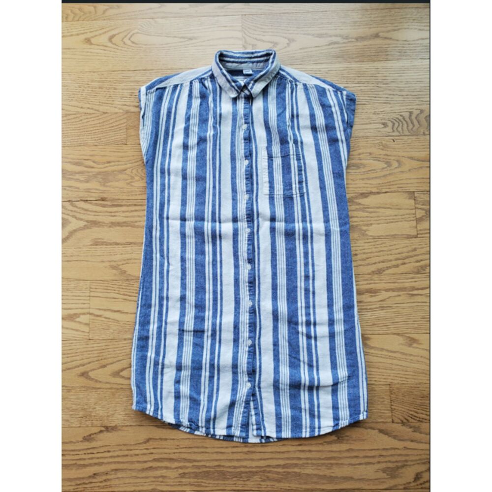 Old Navy Womens XS Blue Striped Short Sleeve Shirt Dress Linen Rayon Blend EUC